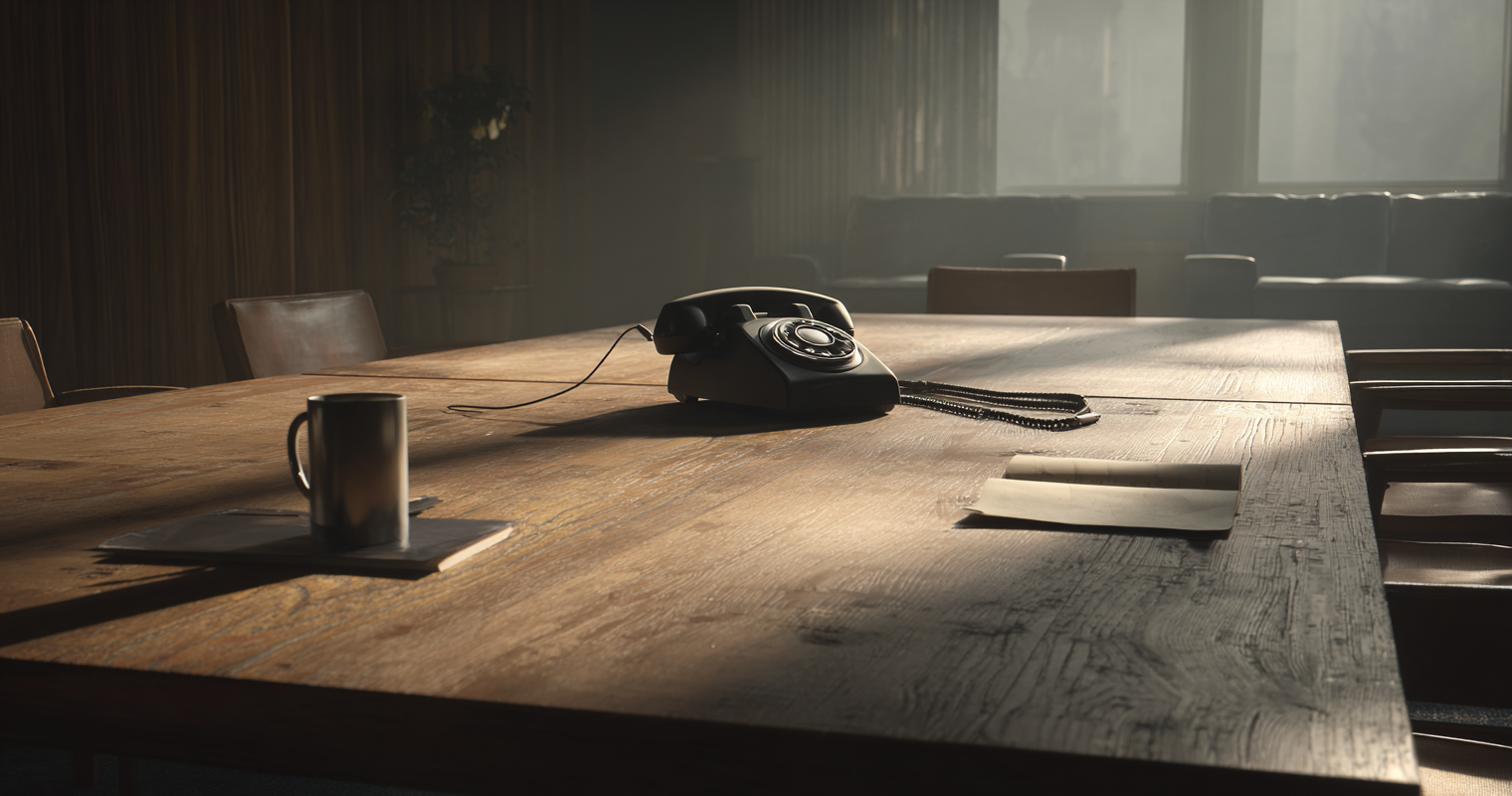 Téléphone sur table dans une salle de réunion — contact direct NON | NÉGOCIABLE