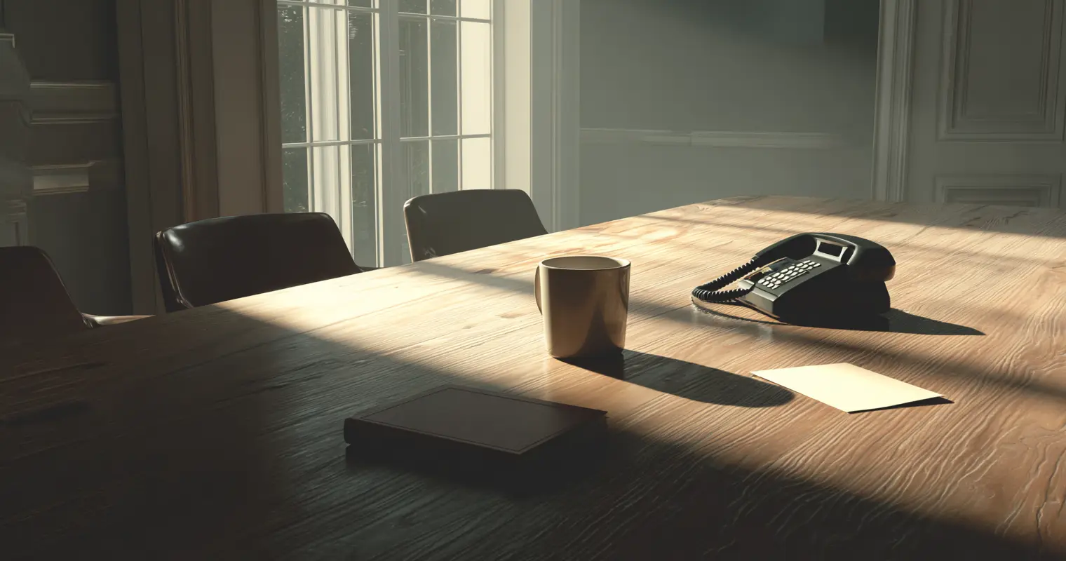 Crisis negotiation: tense meeting room, phone and documents, decision under pressure