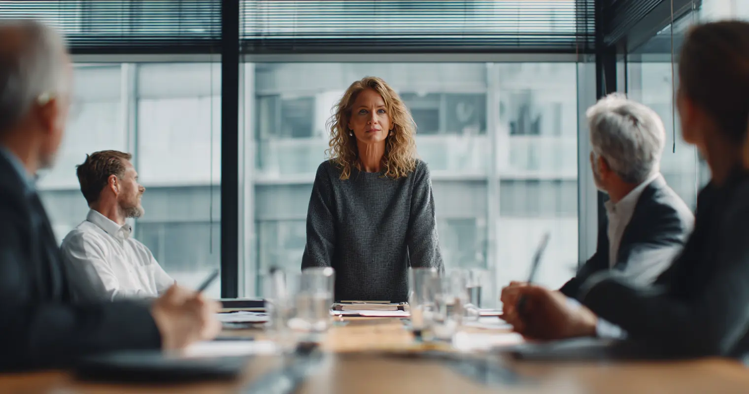 Dirigeante debout en réunion de négociation professionnelle, entourée de décideurs autour d’une table, posture calme et déterminée en salle de conseil