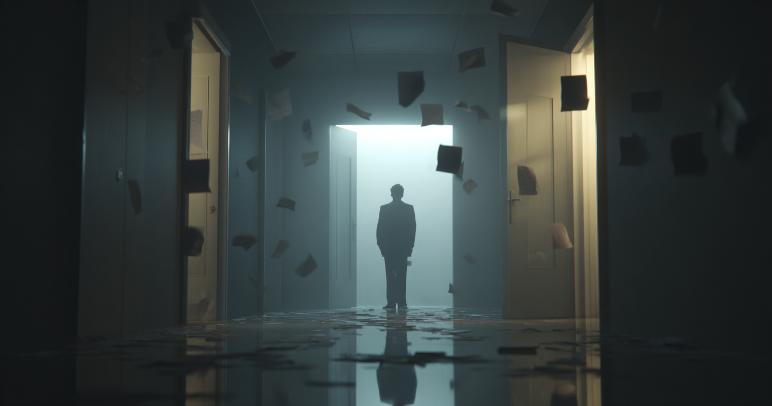 Négociateur stratégique face à un choix critique sous pression – couloir sombre, feuilles volantes, posture de décision