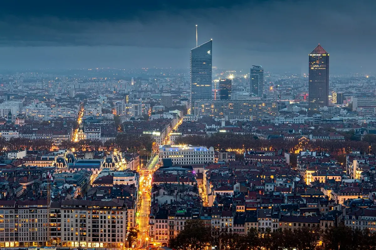 Lyon at dusk, urban skyline and city lights